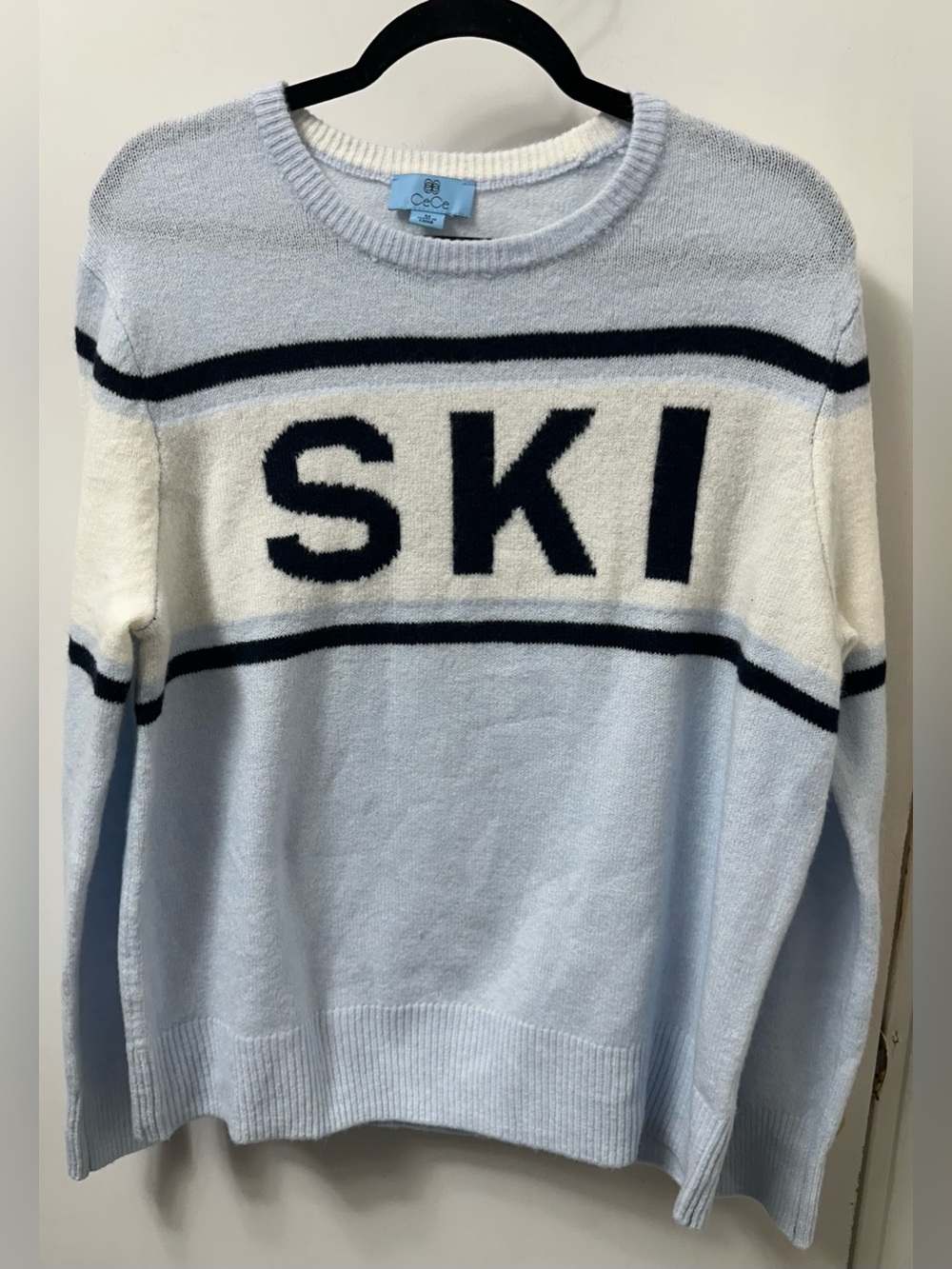 CeCe Light Blue and Navy 'SKI' Crewneck Sweater